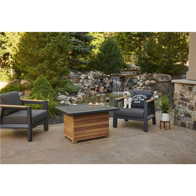 Outdoor GreatRoom Co Propane Fire Pit Table - Darien Gas Fire Pits for Outside Patio - 44 Inch Rectangular Everblend Concrete Firepit Fire Table, Wood Base, Glass Tabletop Cover, 55,000 BTU - Black