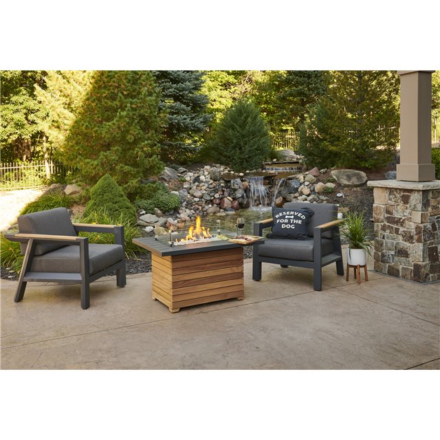 Outdoor GreatRoom Co Propane Fire Pit Table - Darien Gas Fire Pits for Outside Patio - 44 Inch Rectangular Everblend Concrete Firepit Fire Table, Wood Base, Glass Tabletop Cover, 55,000 BTU - Black