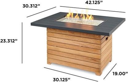 Outdoor GreatRoom Co Propane Fire Pit Table - Darien Gas Fire Pits for Outside Patio - 44 Inch Rectangular Everblend Concrete Firepit Fire Table, Wood Base, Glass Tabletop Cover, 55,000 BTU - Black