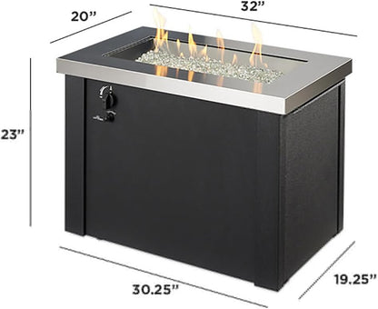 Outdoor Great Room Propane Fire Pit Table - 32" Rectangular, Stainless Steel Firepit Fire Table