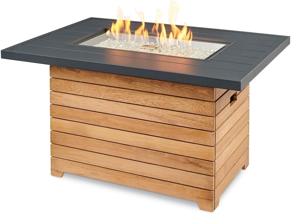 Outdoor GreatRoom Co Propane Fire Pit Table - Darien Gas Fire Pits for Outside Patio - 44 Inch Rectangular Everblend Concrete Firepit Fire Table, Wood Base, Glass Tabletop Cover, 55,000 BTU - Black