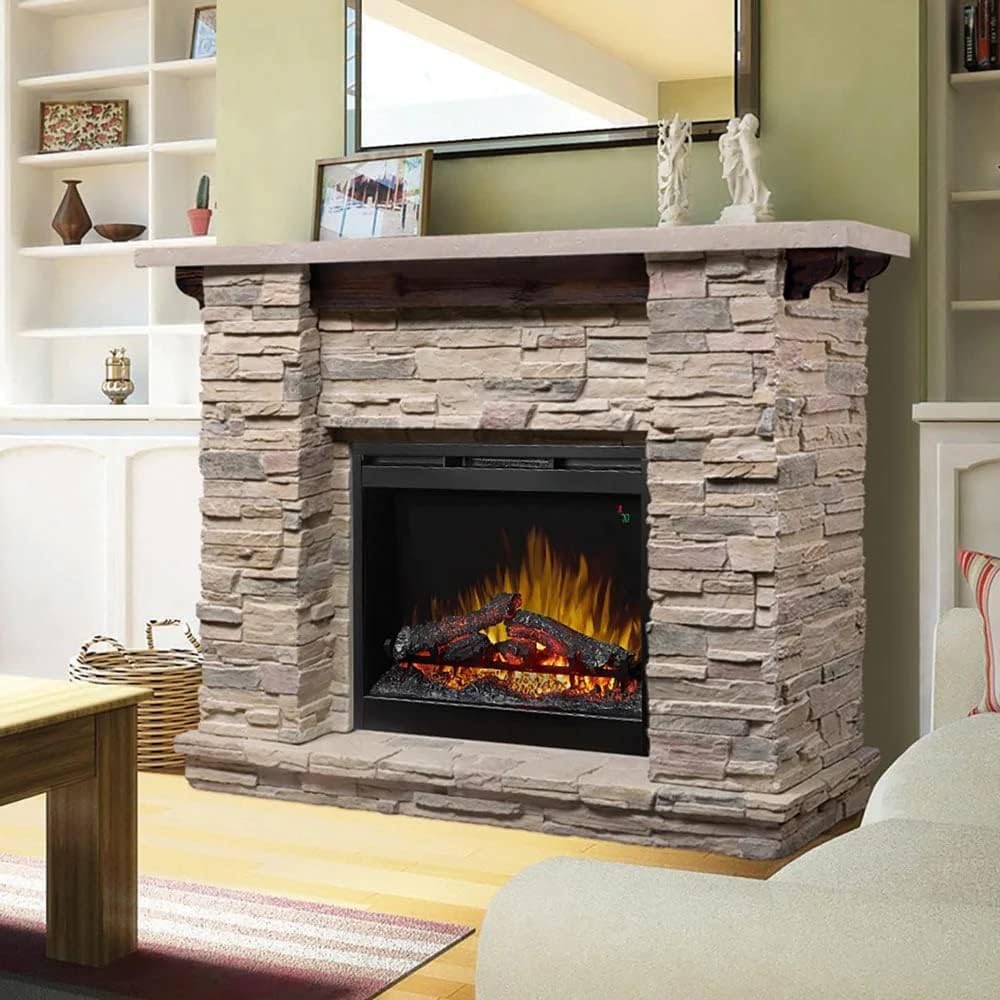 Featherston Mantel in stone-look finish with solid wood details (Fireplace not included)